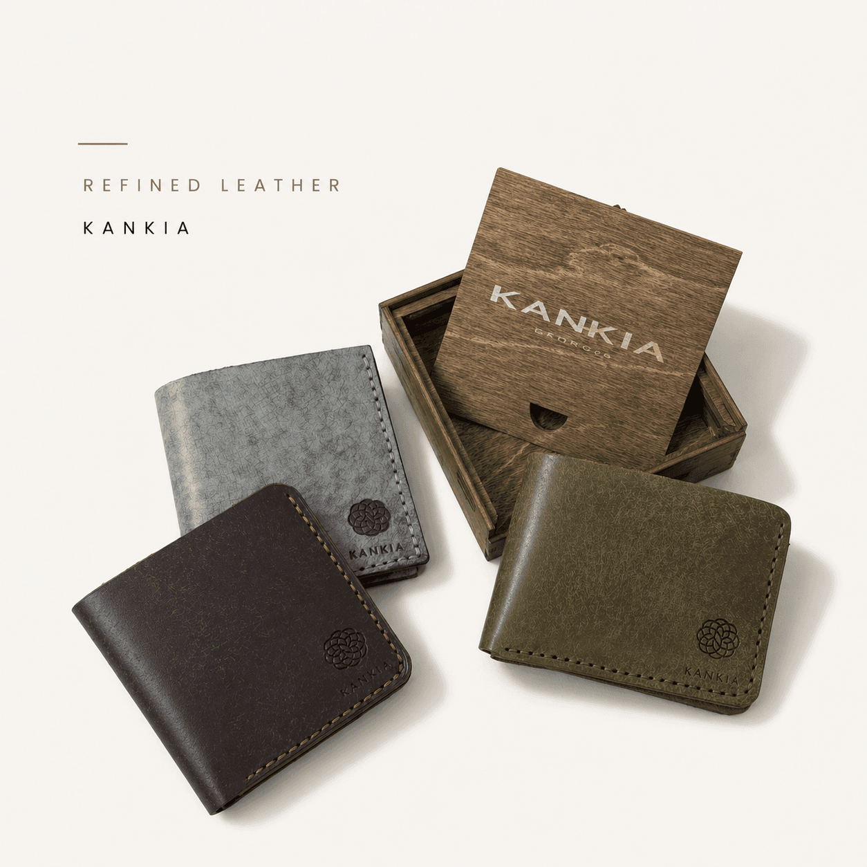 Kankia leather wallets flat lay with branded wooden gift box